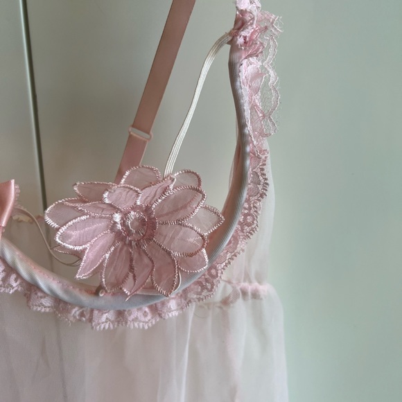 90's Pastel Baby Pink Daisy Pasties Underwire Lace Bra Babydoll Mini Dress - Picture 9 of 10
